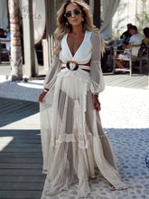 Pbong mid size graduation outfit romantic style teen swag clean girl ideas 90s latina aestheticSexy Deep V-neck Cut Out Long Sleeve Maxi Dress Long White Lace Tunic Women Clothes Summer Beach Wear Swim Suit Cover Up A1049